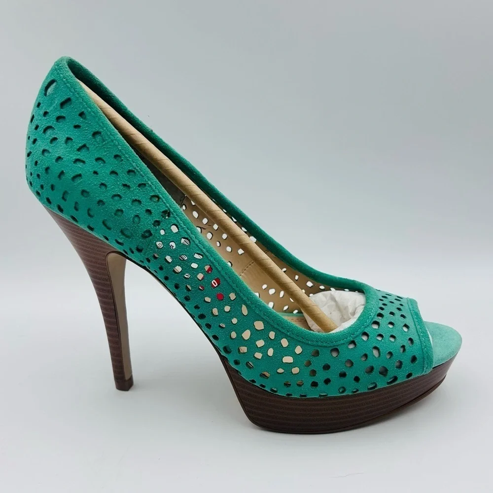 Enzo Angiolini Teal Suede Peep Toe Cutout Heels Women’s Size 8 Stilettos Sexy
